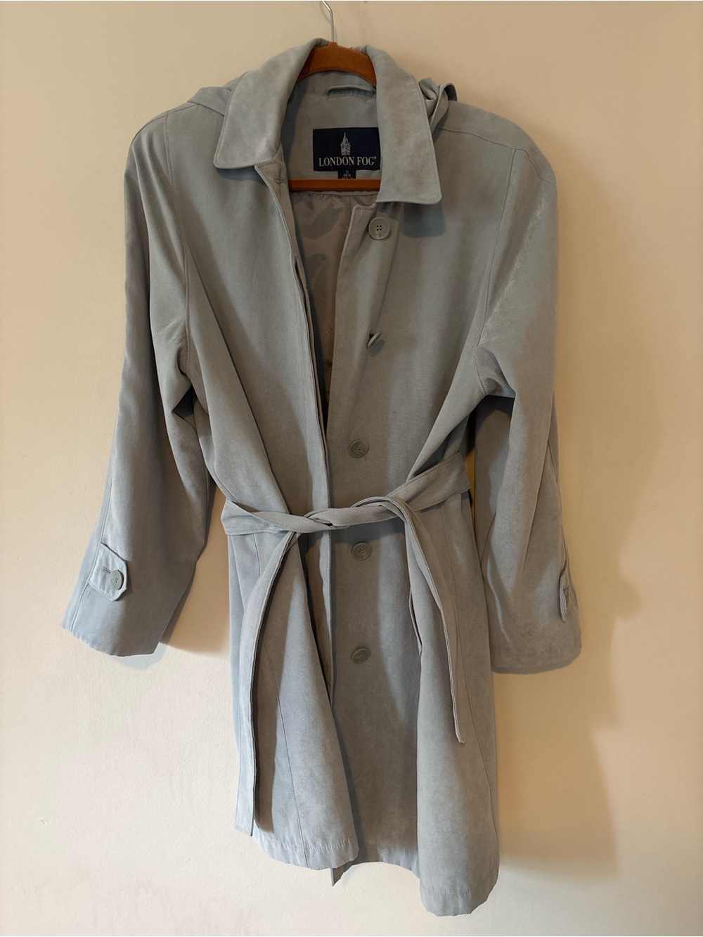 Vintage London Fog Dusty Blue Faux Suede Hooded Belted Trench Coat Womens Small